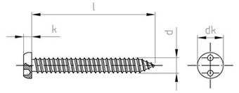 Саморез, цилиндрическая головка, два отверстия под биту или SP (ласточкин хвост), полная резьба