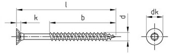 Фасадный шуруп, потайная головка, шестирадиусный шлиц (TORX), четырёхгранная резьба, режущий конец