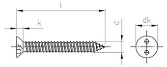 Саморез, потайная головка, два отверстия под биту или SP (ласточкин хвост), полная резьба