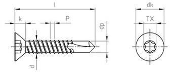 Саморез со сверлом, потайная головка, шестирадиусный шлиц (TORX)