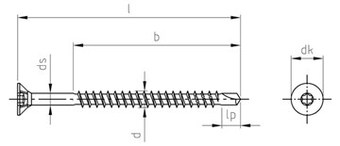 Шуруп для ДСП со сверлом, потайная головка, шестрирадиусный шлиц (TORX), зенкующие рёбра, неполная резьба