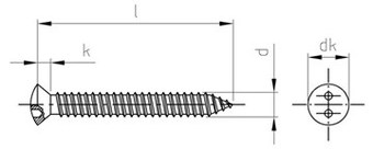Саморез, полупотайная головка, два отверстия под биту или SP (ласточкин хвост), полная резьба