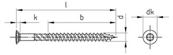 Шуруп для террасной доски T-DRILL, уменьшённая головка, зенкующие рёбра, режущий конец, шестирадиусный шлиц (TORX)