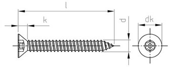 Саморез,потайная головка, шестирадиусный шлиц со штырьком (TORX), полная резьба